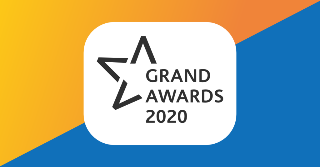 A blue and yellow graphic with a logo in the centre for the 2020 grand awards