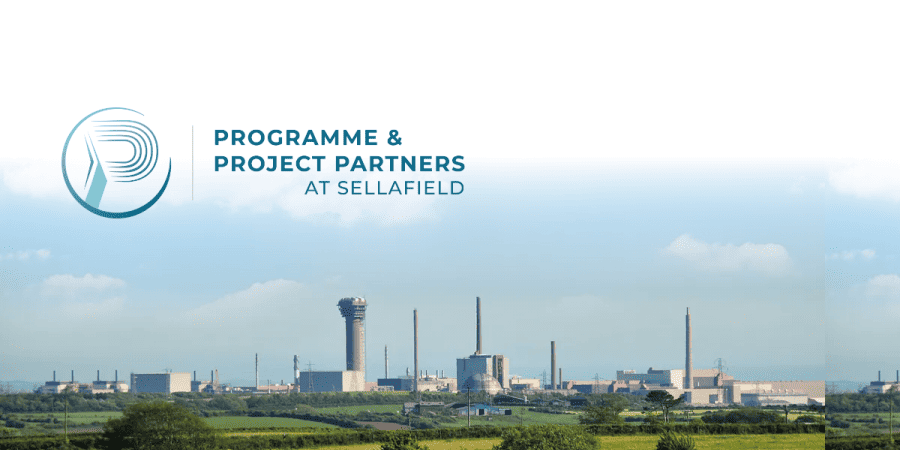 A photo of an industrial skyline with the Programme and Project Partners at Sellafield logo
