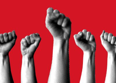 Halftone hands raised up with closed fist. Feminists fight. Illustration for protest. Modern collage with hands. Trendy vintage newspaper parts. Torn paper. Woman rights concept. Protesting crowd